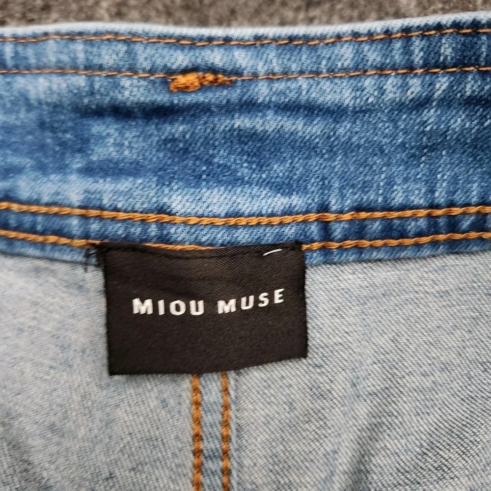 Miou Muse Womens Large Light Blue Wide Leg Denim Jeans Stretch Baggy Raw Hem - Picture 8 of 10
